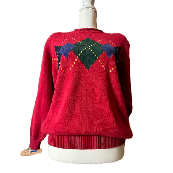 Lizsport Vintage 90s Red Argyle Sweater Old Money Prep Christmas Medium - Picture 3 of 6
